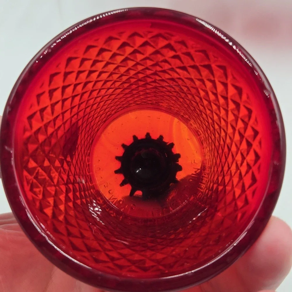 6 Vtg Will & Baumer Ruby Red Diamond Point Glass Peg Votive Candle Holder MCM